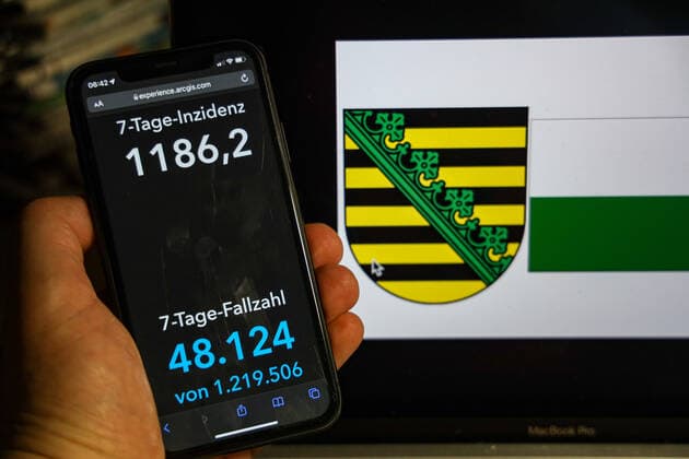 Coronavirus in Deutschland - Covid-19-Dashboard des Robert Koch-Institut DEU, Deutschland, Sachsen 13.02.2022: Die 7-Tage-Inzidenz für das Bundesland (Fälle letzte 7 Tage 100.000 EW) wird auf einem iPhone angezeigt, im Hintergrund das Landeswappen