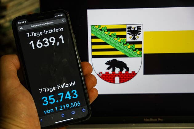 Coronavirus in Deutschland - Covid-19-Dashboard des Robert Koch-Institut DEU, Deutschland, Sachsen-Anhalt 13.02.2022: Die 7-Tage-Inzidenz für das Bundesland (Fälle letzte 7 Tage 100.000 EW) wird auf einem iPhone angezeigt, im Hintergrund das Landeswappen