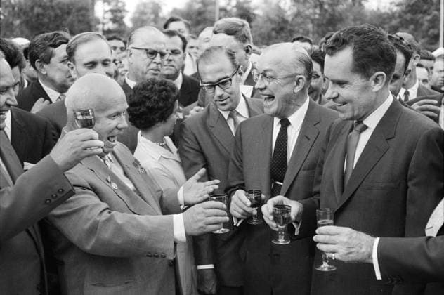 Soviet Leader Nikita Khrushchev, U.S. Vice President Richard Nixon and others toasting with Drinks during Nixon s visit to the Soviet Union, Thomas J. O Halloran, U.S. News & World Report Magazine Photograph Collection, July 1959  Copyright: xCircaxImagesx ghi-circa10760