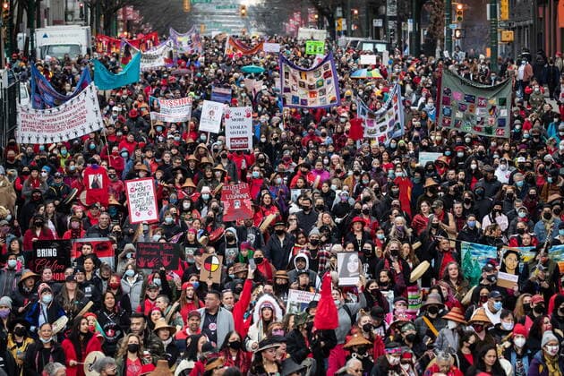 February 14, 2022, VANCOUVER, BC, CANADA: Thousands of people participate in the annual Women s Memorial March, in Vancouver, on Monday, February 14, 2022. The march is held to honour missing and murdered women and girls from the community with stops along the way to commemorate where women were last seen or found. VANCOUVER CANADA  - ZUMAc35_ 20220214_zaf_c35_182 Copyright: xDarrylxDyckx