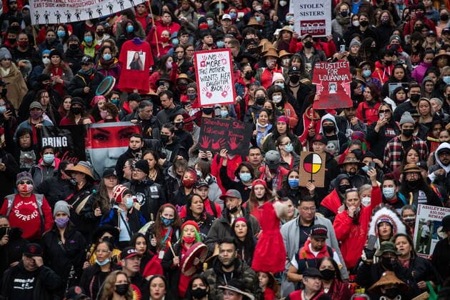 February 14, 2022, VANCOUVER, BC, CANADA: Thousands of people participate in the annual Women s Memorial March, in Vancouver, on Monday, February 14, 2022. The march is held to honour missing and murdered women and girls from the community with stops along the way to commemorate where women were last seen or found. VANCOUVER CANADA  - ZUMAc35_ 20220214_zaf_c35_183 Copyright: xDarrylxDyckx