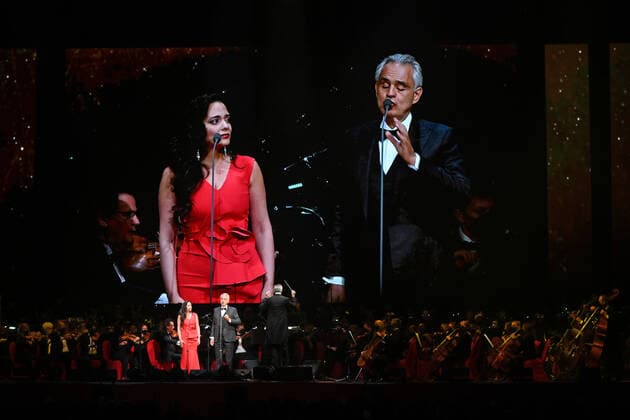 SUNRISE FL - FEBRUARY 14: Soprano Maria Aleida performs with Andrea Bocelli during the Believe World Tour on Valentine s Day at The FLA Arena on February 14, 2022 in Sunrise, Florida. Copyright: xmpi04x