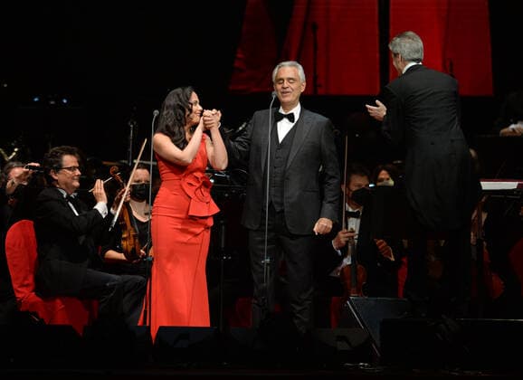 SUNRISE FL - FEBRUARY 14: Soprano Maria Aleida performs with Andrea Bocelli during the Believe World Tour on Valentine s Day at The FLA Arena on February 14, 2022 in Sunrise, Florida. Copyright: xmpi04x