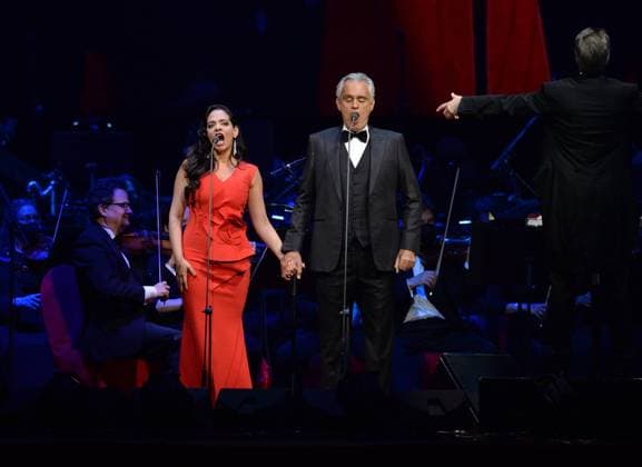 SUNRISE FL - FEBRUARY 14: Soprano Maria Aleida performs with Andrea Bocelli during the Believe World Tour on Valentine s Day at The FLA Arena on February 14, 2022 in Sunrise, Florida. Copyright: xmpi04x