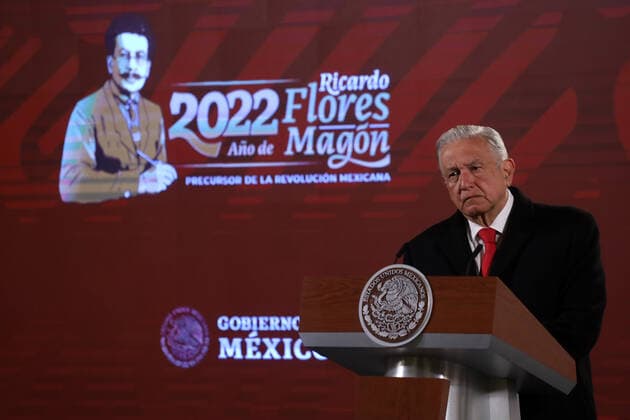 Lopez Obrador Press Conference MEXICO CITY, MEXICO - FEB 14, 2022: Mexican President, Andres Manuel Lopez Obrador, gestures while talk during his daily morning press conference at the National Palace . On February 14, 2022 In Mexico City, Mexico. (Photo by Luis Barron Eyepix Group) Copyright: xLuisxBarronx xEyepixxGroupx EYEPIX_LB_14022022_55874