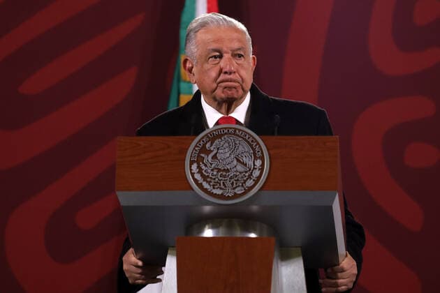 Lopez Obrador Press Conference MEXICO CITY, MEXICO - FEB 14, 2022: Mexican President, Andres Manuel Lopez Obrador, gestures while talk during his daily morning press conference at the National Palace . On February 14, 2022 In Mexico City, Mexico. (Photo by Luis Barron Eyepix Group) Copyright: xLuisxBarronx xEyepixxGroupx EYEPIX_LB_14022022_55876