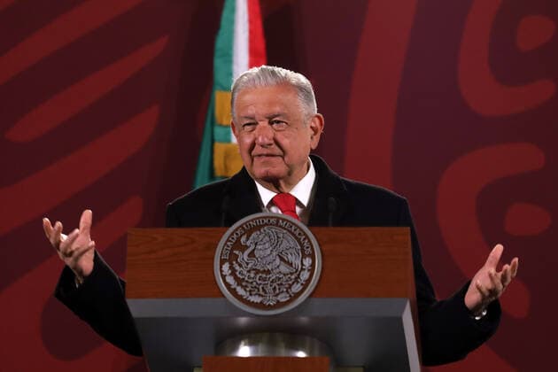 Lopez Obrador Press Conference MEXICO CITY, MEXICO - FEB 14, 2022: Mexican President, Andres Manuel Lopez Obrador, gestures while talk during his daily morning press conference at the National Palace . On February 14, 2022 In Mexico City, Mexico. (Photo by Luis Barron Eyepix Group) Copyright: xLuisxBarronx xEyepixxGroupx EYEPIX_LB_14022022_55877