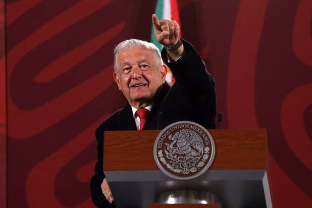 Lopez Obrador Press Conference MEXICO CITY, MEXICO - FEB 14, 2022: Mexican President, Andres Manuel Lopez Obrador, gestures while talk during his daily morning press conference at the National Palace . On February 14, 2022 In Mexico City, Mexico. (Photo by Luis Barron Eyepix Group) Copyright: xLuisxBarronx xEyepixxGroupx EYEPIX_LB_14022022_55878