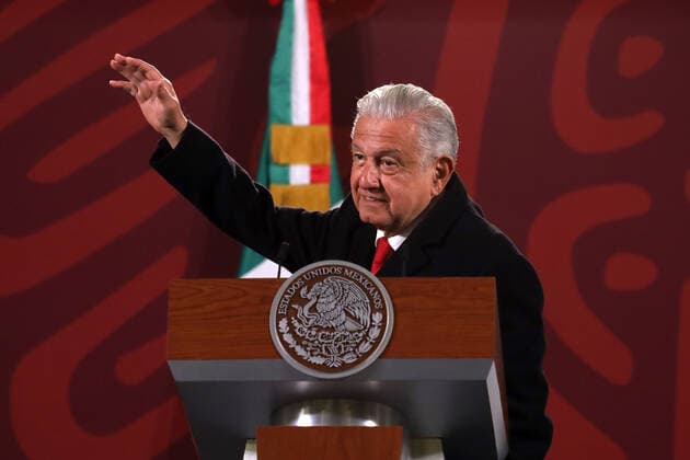 Lopez Obrador Press Conference MEXICO CITY, MEXICO - FEB 14, 2022: Mexican President, Andres Manuel Lopez Obrador, gestures while talk during his daily morning press conference at the National Palace . On February 14, 2022 In Mexico City, Mexico. (Photo by Luis Barron Eyepix Group) Copyright: xLuisxBarronx xEyepixxGroupx EYEPIX_LB_14022022_55879