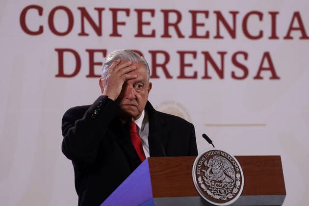 Lopez Obrador Press Conference MEXICO CITY, MEXICO - FEB 14, 2022: Mexican President, Andres Manuel Lopez Obrador, gestures while talk during his daily morning press conference at the National Palace . On February 14, 2022 In Mexico City, Mexico. (Photo by Luis Barron Eyepix Group) Copyright: xLuisxBarronx xEyepixxGroupx EYEPIX_LB_14022022_55880