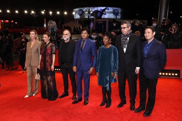 Connie Nielsen, Anne Zohra Berrached, Karim Ainouz, M Night Shyamalan, Tsitsi Dangarembga, Said Ben Said and Ryusuke Hamaguchi, members of the international jury arriving for the Closing Ceremony at the Berlinale Palast of the International Film Festival Berlinale on 16 02 2022 in Berlin Berlinale 2022 closing ceremony Closing Ceremony
