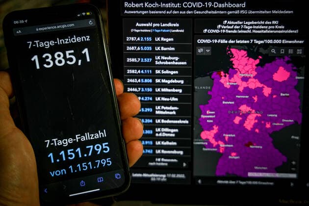 Coronavirus in Deutschland - Covid-19-Dashboard des Robert Koch-Institut 17.02.2022: Robert Koch-Institut: 7-Tage-Inzidenz 1385,1. 7-Tage-Fallzahl 1.151.795 COVID-19-Fälle 13.035.941. Zugang um 235.626 gegenüber dem Vortag. COVID-19-Todesfälle 120.728. Zugang um 261 gegenüber dem Vortag.