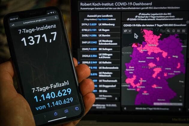 Coronavirus in Deutschland - Covid-19-Dashboard des Robert Koch-Institut 18.02.2022: Robert Koch-Institut: 7-Tage-Inzidenz 1371,7. 7-Tage-Fallzahl 1.140.629 COVID-19-Fälle 13.255.989. Zugang um 220.048 gegenüber dem Vortag. COVID-19-Todesfälle 120.992. Zugang um 264 gegenüber dem Vortag.