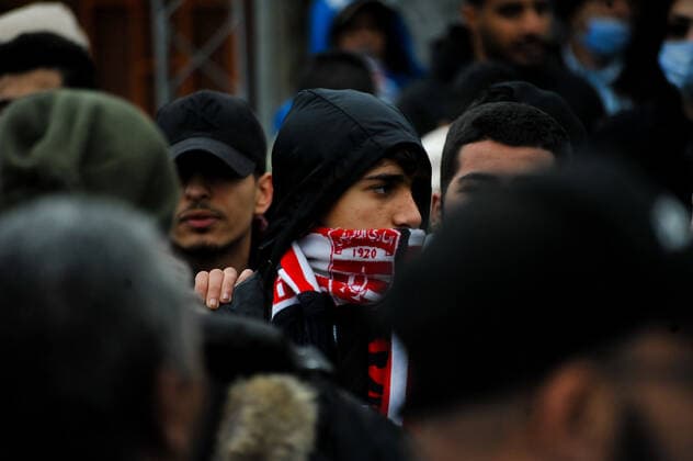 February 17, 2022, Tunis, Tunisia: Grand Tunis, Tunisia. 17 February 2022. Supporters of Football Club Africain stage a protest for the death of football fan Omar Abidi, in front of the Court of First Instance in the Tunisian city of Ben Arous. Omar Abidi, 19, drowned in a stream near the Rades Stadium in 2018, following a match between Club Africain and the Olympique Medenine teams. Abidi s family has filed a complaint against the police, with many football fans also blaming the police for he tragic death of the 19-year-old Tunis Tunisia - ZUMAd99_ 20220217_zap_d99_017 Copyright: xHasanxMradx