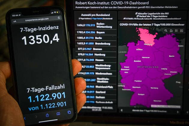 Coronavirus in Germany Covid 19 Robert Koch Institute Dashboard 19 02 2022 Robert Koch Institute 7 days Incidence 1350.4 7 days Number of cases 1 122 901 COVID 19 Cases 13 445 094 Addition by 189 105 compared to previous day COVID 19 Deaths 121 202 Addition by 210 compared to previous day