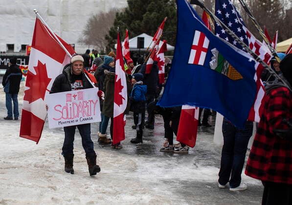February 19, 2022, EDMONTON, AB, CANADA: Demonstrators gather to protest against COVID-19 measures and in support of a demonstration in Ottawa which has grown to a broader anti-government demonstration, in Edmonton, Saturday, Feb. 19, 2022. EDMONTON CANADA  - ZUMAc35_ 20220219_zaf_c35_123 Copyright: xJasonxFransonx