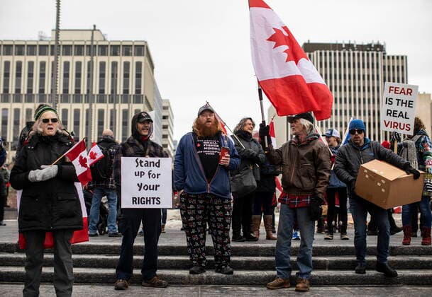 February 19, 2022, EDMONTON, AB, CANADA: Demonstrators gather to protest against COVID-19 measures and in support of a demonstration in Ottawa which has grown to a broader anti-government demonstration, in Edmonton, Saturday, Feb. 19, 2022. EDMONTON CANADA  - ZUMAc35_ 20220219_zaf_c35_124 Copyright: xJasonxFransonx