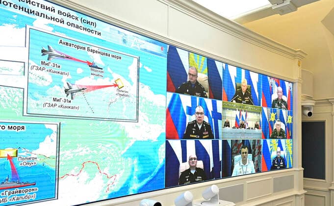 February 19, 2022, Moscow, Moscow Oblast, Russia: The video monitors in the Kremlin situation room show Russian and Belarus military strategic deterrence forces exercises as Russian President Vladimir Putin and Belarusian President Alexander Lukashenko watch, February 19, 2022 in Moscow, Russia. Moscow Russia - ZUMAp138 20220219_zaa_p138_003 Copyright: xAlexeixNikolsky KremlinxPoolx