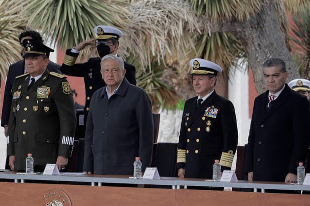 109th Anniversary Of The Mexican Army Andrà s Manuel Lopez Obrador, President of Mexico, accompanied by Luis Cresencio Sandoval Gonzalez, Secretary of National Defence; Josà Rafael Ojeda Duran, Secretary of the Navy; Miguel Ãngel Riquelme Solis, Constitutional Governor of the State of Coahuila de Zaragoza; among other officials, during the commemoration of the 109th Anniversary of the Mexican Army in Ramos Arizpe, Coahuila. The past that shaped this armed force and laid the foundations of what it is now, dates back to the Mexican Revolution, with the enactment of Decree 1421 on February 19, 1913, made by the XXII Congress of the State of Coahuila, by which the government of Victoriano Huerta was disowned, empowering Governor Venust Copyright: xGerardoxVieyrax originalFilename: vieyra-notitle220219_npeRV.jpg