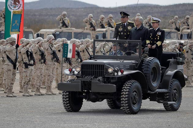 109th Anniversary Of The Mexican Army Andràs Manuel Lopez Obrador, President of Mexico, accompanied by Luis Cresencio Sandoval Gonzalez, Secretary of National Defence and Josà Rafael Ojeda Duran, Secretary of the Navy, during the commemoration of the 109th Anniversary of the Mexican Army in Ramos Arizpe, Coahuila. The past that shaped this armed force and laid the foundations for what it is today dates back to the Mexican Revolution, with the enactment of Decree 1421 on 19 February 1913, issued by the XXII Congress of the State of Coahuila, by which the government of Victoriano Huerta was disowned, empowering Governor Venustiano Carranza to arm forces and restore constitutional order. Ramos Arizpe Coahuila Ramos Arizpe Coahuila Mex Copyright: xGerardoxVieyrax originalFilename: vieyra-notitle220219_npEpB.jpg