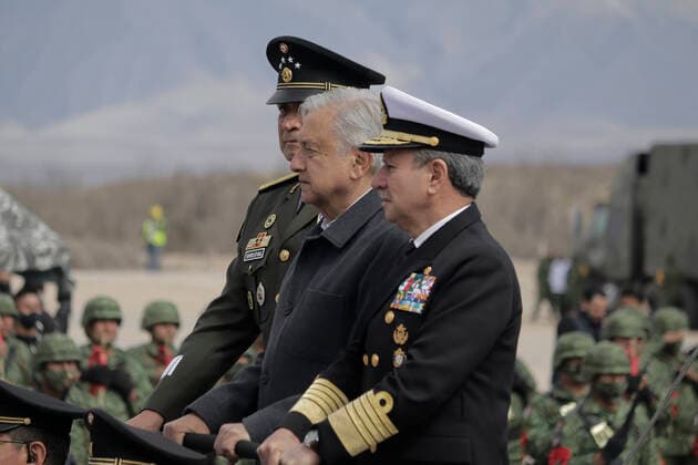 109th Anniversary Of The Mexican Army Andràs Manuel Lopez Obrador, President of Mexico, accompanied by Luis Cresencio Sandoval Gonzalez, Secretary of National Defence and Josà Rafael Ojeda Duran, Secretary of the Navy, during the commemoration of the 109th Anniversary of the Mexican Army in Ramos Arizpe, Coahuila. The past that shaped this armed force and laid the foundations for what it is today dates back to the Mexican Revolution, with the enactment of Decree 1421 on 19 February 1913, issued by the XXII Congress of the State of Coahuila, by which the government of Victoriano Huerta was disowned, empowering Governor Venustiano Carranza to arm forces and restore constitutional order. Ramos Arizpe Coahuila Ramos Arizpe Coahuila Mex Copyright: xGerardoxVieyrax originalFilename: vieyra-notitle220219_npv6N.jpg