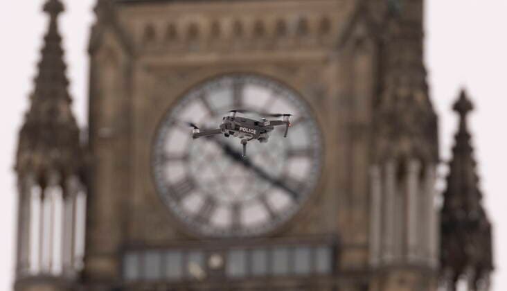 February 20, 2022, Ottawa, ON, Canada: A police drone flies near the Peace tower on Parliament hill.., Sunday, Feb. 20, 2022 in Ottawa. Ottawa Canada  - ZUMAc35_ 20220220_zaf_c35_045 Copyright: xAdrianxWyldx