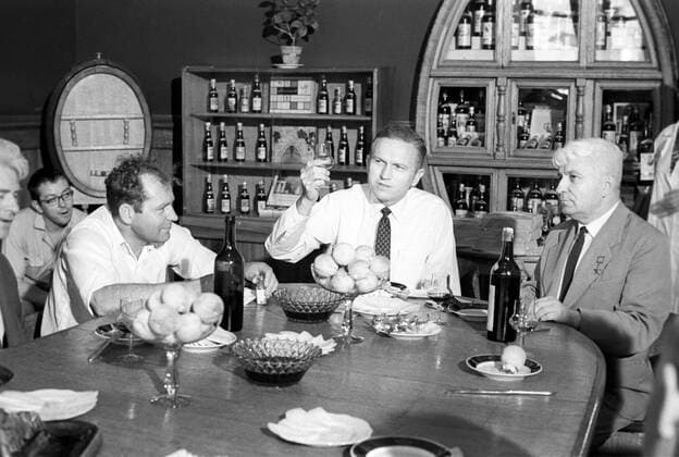 F. Borman testing wines of the wine-vaults of Massandra plant 836195 10.07.1969 American cosmonaut Frank Borman in the USSR. F. Borman testing wines of the wine-vaults of Massandra plant in Yalta. Yuriy Somov Sputnik Yalta Republic of Crimea Russia  Copyright: xYuriyxSomovx