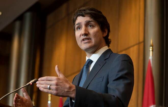 February 21, 2022, Ottawa, ON, Canada: Canadian Prime Minister Justin Trudeau speaks during a news conference, Monday, February 21, 2022 in Ottawa. Ottawa Canada  - ZUMAc35_ 20220221_zaf_c35_025 Copyright: xAdrianxWyldx