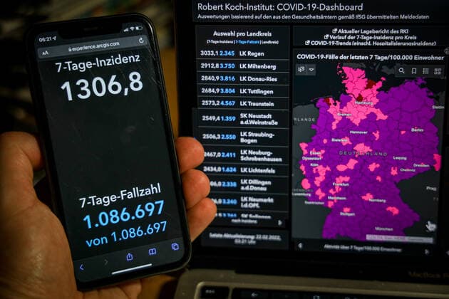 Coronavirus in Germany Covid 19 Robert Koch Institute dashboard 22 02 2022 Robert Koch Institute 7 days incidence 1306.8 7 days number of cases 1 086 697 COVID 19 cases 13 762 895 addition by 125 902 compared to previous day COVID 19 deaths 121 603 addition by 306 compared to previous day