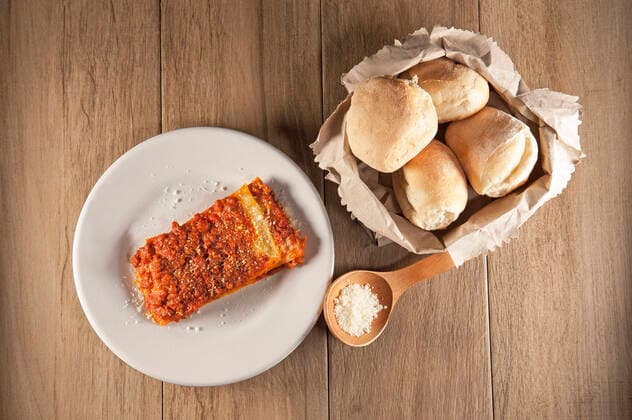 Lasagne al ragù with Parmesan and white bread, typical italian dish, Italy, Europe EnricoSpanu REDA&CO 1028_29_ESP07441