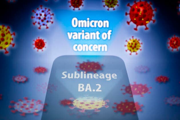 February 23, 2022, Asuncion, Paraguay: Illustration: In-camera multiple exposure image shows visual depiction of Sublineage BA.2 on a smartphone in front of the designation Omicron variant of concern and visual representation of virus. Asuncion Paraguay - ZUMAc217 20220223_zip_c217_003 Copyright: xAndrexM.xChangx