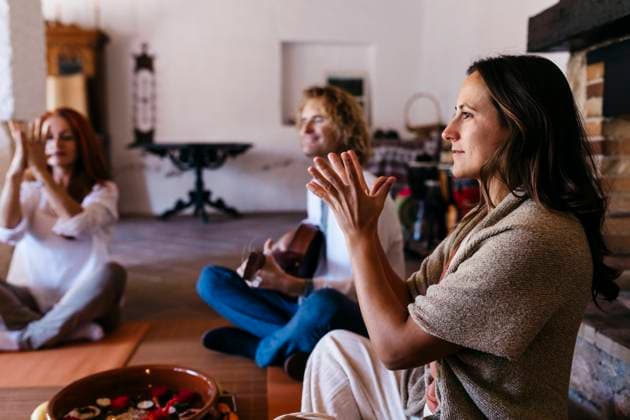 Woman exercising at music therapy in farmhouse model released property released, JRFF05298