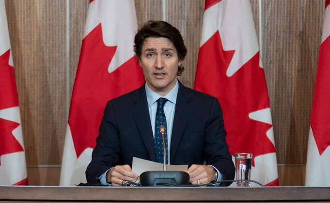 February 23, 2022, Ottawa, ON, Canada: Canadian Prime Minister Justin Trudeau listens to a question during a news conference, Wednesday, February 23, 2022 in Ottawa. Ottawa Canada  - ZUMAc35_ 20220223_zaf_c35_048 Copyright: xAdrianxWyldx
