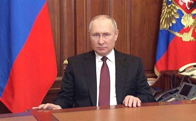 February 24, 2022, Moscow, Moscow Oblast, Russia: Russian President VLADIMIR PUTIN delivers an address to the Russian people announcing the invasion of Ukraine from the Kremlin in Moscow, Russia. Moscow Russia - ZUMAp138 20220224_zaa_p138_001 Copyright: xKremlinxPool KremlinxPoolx