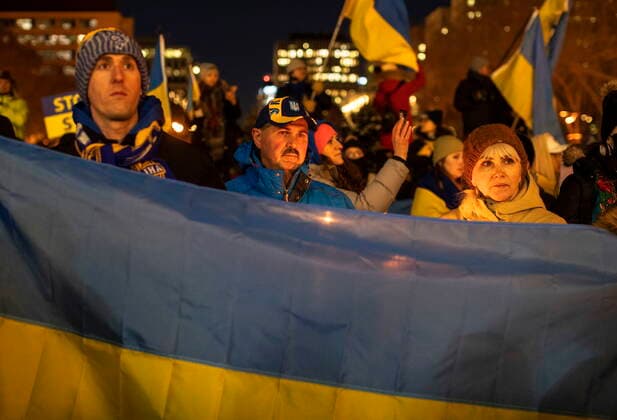 February 24, 2022, EDMONTON, AB, CANADA: People take part in a rally in support of the Ukraine after Russia invaded the Ukraine, in Edmonton on Thursday February 24, 2022. EDMONTON CANADA  - ZUMAc35_ 20220224_zaf_c35_108 Copyright: xJasonxFransonx