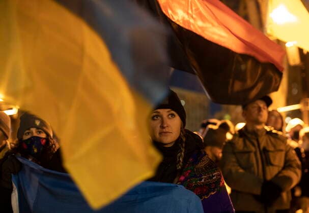 February 24, 2022, EDMONTON, AB, CANADA: People take part in a rally in support of the Ukraine after Russia invaded the Ukraine, in Edmonton on Thursday February 24, 2022. EDMONTON CANADA  - ZUMAc35_ 20220224_zaf_c35_113 Copyright: xJasonxFransonx