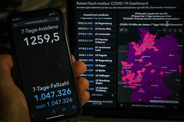 Coronavirus in Germany Covid 19 Robert Koch Institute Dashboard 25 02 2022 Robert Koch Institute 7 days Incidence 1259.5 7 days Number of cases 1 047 326 COVID 19 Cases 14 399 012 Addition of 210 743 compared to previous day COVID 19 Deaths 122 371 Addition of 226 compared to previous day