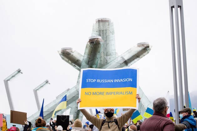 February 26, 2022, Vancouver, British Columbia, Canada: A person holds a sign at Jack Poole Plaza reading Stop Russian invasion. No more Imperialism at a rally. Vancouver Canada - ZUMA Pho 20220226_mda_w171_174 Copyright: xRyanxWalterxWagnerx