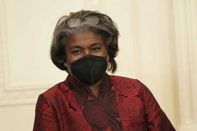 February 28, 2022, Washington, District of Columbia, USA: United States Ambassador to the United Nations Linda Thomas-Greenfield awaits the arrival of US President Joe Biden and first lady Dr. Jill Biden who will host a celebration in observance of Black History Month in the East Room of the White House in Washington, DC on Monday, February 28, 2022. Black federal, state and local government officials as well as Civil Rights leaders are in attendance Washington USA - ZUMAs152 20220228_zaa_s152_030 Copyright: xChrisxKleponisx-xPoolxviaxCNPx