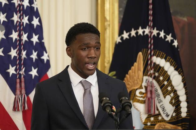 Kateo Hilton speaks at a celebration in observance of Black History Month in the East Room of the White House in Washington, DC on Monday, February 28, 2022. Black federal, state and local government officials as well as Civil Rights leaders are in attendance. Copyright: xChrisxKleponisx xPoolxviaxCNPx MediaPunchx