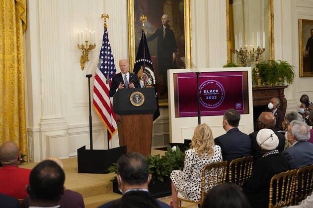 United States President Joe Biden makes remarks as he and first lady Dr. Jill Biden host a celebration in observance of Black History Month in the East Room of the White House in Washington, DC on Monday, February 28, 2022. Black federal, state and local government officials as well as Civil Rights leaders are in attendance. Copyright: xChrisxKleponisx xPoolxviaxCNPx MediaPunchx