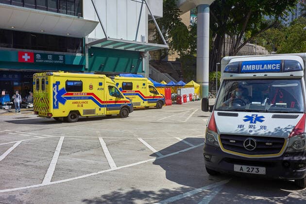 March 1, 2022, Hong Kong, China: Ambulances parked outside Caritas Medical Center in Hong Kong..Hong Kong hospitals are overwhelmed as the city is facing its worst-ever coronavirus outbreak. Hong Kong China - ZUMAs197 20220301_zaa_s197_052 Copyright: xEmmanuelxSernax