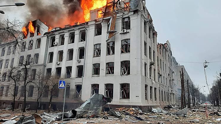 March 2, 2022, Kharkiv, Ukraine: Images from the State show rescue and firefighting operations on Wednesday tackling devastation and rescuing those caught in missile strikes on administration buildings in Central Kharkiv overnight on Tuesday. As of early Wednesday afternoon, officials claimed 10 people had been rescued from under collapsed buildings. They stated that 4 people had been killed, and 9 injured Kharkiv Ukraine  - ZUMA 20220302_int_z03_021 Copyright: xEmergencyxServicexofxUkrainex
