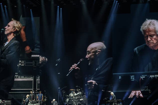 Concert by Genesis, @ Mercedes Arena, Berlin Genesis, vocals Phil Collins keyboard Tony Banks bass, guitar Mike Rutherford drums live Nicholas Nic Collins