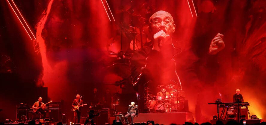 Concert by Genesis, @ Mercedes Arena, Berlin Genesis, vocals Phil Collins keyboard Tony Banks bass, guitar Mike Rutherford drums live Nicholas Nic Collins