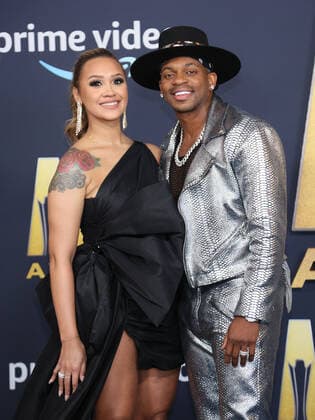 Alexis Gale and country singer Jimmie Allen arrive for the 2022 Academy of Country Music Awards at Allegiant Stadium in Las Vegas, Nevada on Monday, March 7, 2022.  LAV20220307034 JAMESxATOA