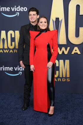 Cade Foehner and Gabby Barrett arrive for the 2022 Academy of Country Music Awards at Allegiant Stadium in Las Vegas, Nevada on Monday, March 7, 2022.  LAV20220307047 JAMESxATOA