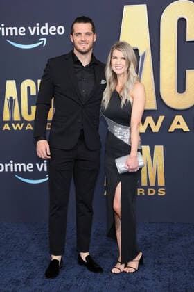 Las Vegas Raiders quarterback Derek Carr and Heather Carr arrive for the 2022 Academy of Country Music Awards at Allegiant Stadium in Las Vegas, Nevada on Monday, March 7, 2022.  LAV20220307078 JAMESxATOA
