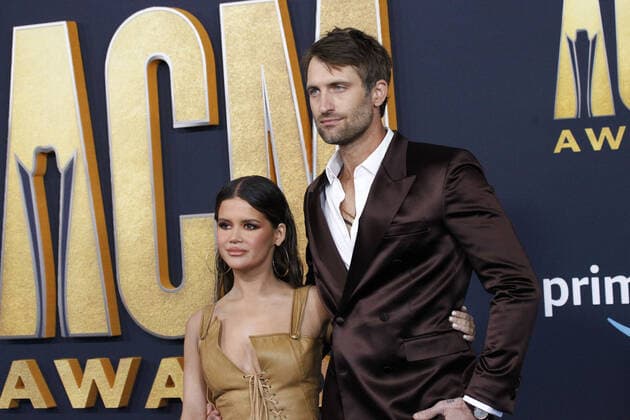 Maren Morris and Ryan Hurd arrive for the 2022 Academy of Country Music Awards at Allegiant Stadium in Las Vegas, Nevada on Monday, March 7, 2022.  LAV20220307083 JAMESxATOA