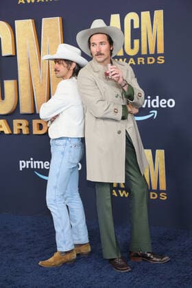Cameron Duddy and Mark Wystrach of country group Midland arrive for the 2022 Academy of Country Music Awards at Allegiant Stadium in Las Vegas, Nevada on Monday, March 7, 2022.  LAV20220307077 JAMESxATOA
